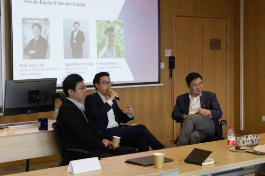 PE/VC industry dynamics sharing : Kenneth Wang (middle) from KKR & Xiao (Albert) Huang (right), Executive Director from YF Capital